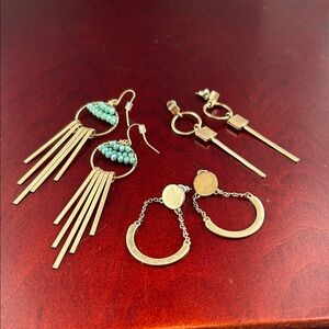 3 Pair vintage gold tone earrings Gold dangle post earrings Retro gold earrings